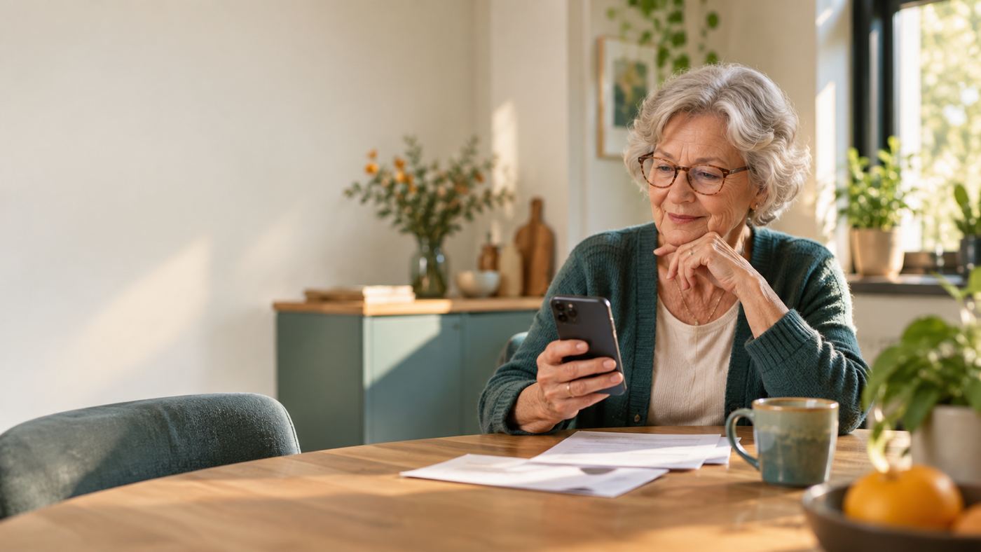 Een vrouw van rond de zeventig leest aan haar keukentafel een bericht op haar telefoon, met een brief voor zich