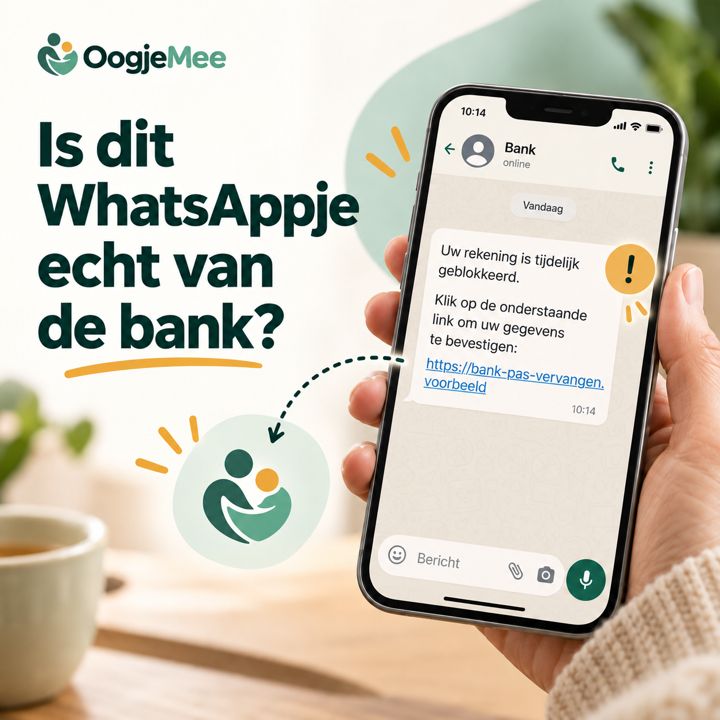 Een telefoon met een nep-WhatsApp van de bank, dat OogjeMee herkent als verdacht